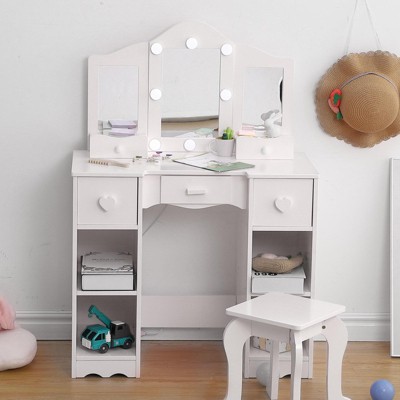 Kids Vanity Table & Stool Set, Mirror and Stool, Storage Drawer, Wooden Princess Makeup Dressing Table