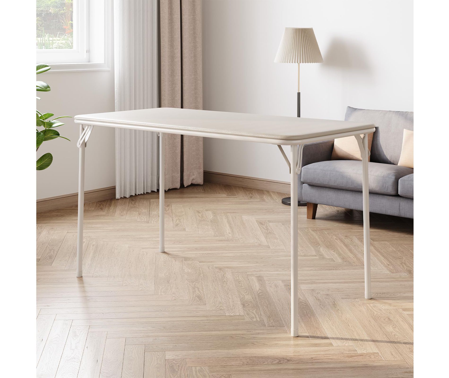 Folding Table 4 Foot with Upholstered PU Leather Tabletop, Heavy Duty Metal Legs, Collapsible Design & Shelf Bracket, No Assembly Required