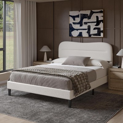 Queen Size Bed Frame with Headboard upholstered Bed Frame Teddy Soft Boucle Fabric Soft Cloud Marshmallow Shape Headboard No Box Spring Needed