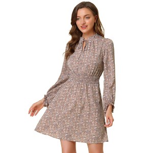 INSPIRE CHIC Women's Smocked Waist Tie Neck Floral Long Sleeve Dress - 1 of 4