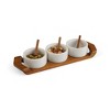 Nambe Chevron Condiment Tray with Spoons, Acacia Wood Tray and White Marble Dip Bowls, Trio Serving Dish Set - 2 of 4