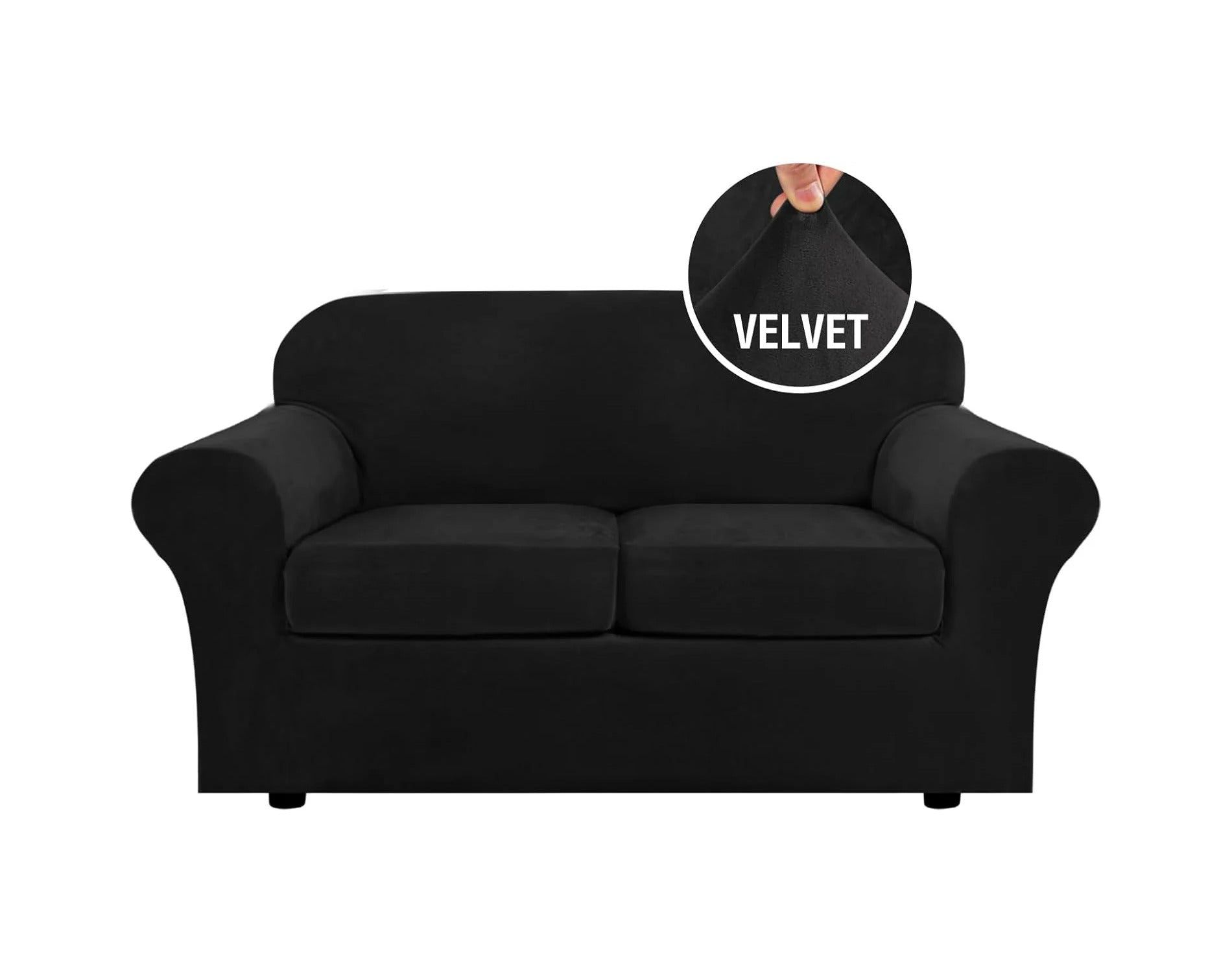 H.Versailtex Modern Velvet Plush High Stretch Sofa Slipcover BLACK 2 Cushion Loveseat
