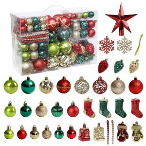 Aoibox 132 Pack Christmas Tree Ornaments Red Green Gold Shatterproof Decorations Folk Art Style Includes Balls Star Treetop Gloves Socks - 1 of 4