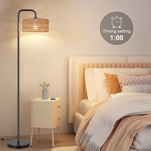 68" Metal Arc Floor Lamp with Remote, Boho LED Standing Lamp with 3 Color Temperatures and Rattan Shade for Living Room or Bedroom – Cuddlewood - 1 of 4