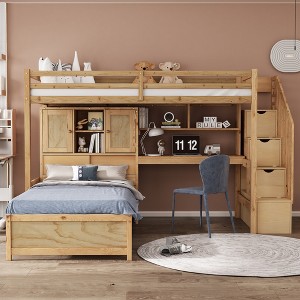 VYNXARIA Twin over Twin Loft Bed with Built-in Desk and Staircase,With Storage Compartments and Shelves,Natural - 1 of 4