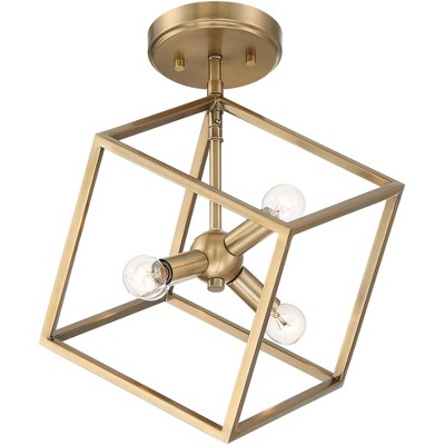 Possini Euro Design Mid Century Modern Ceiling Light Semi Flush Mount Fixture Warm Brass 13 3/4" Wide 3-Light Open Cube Bedroom