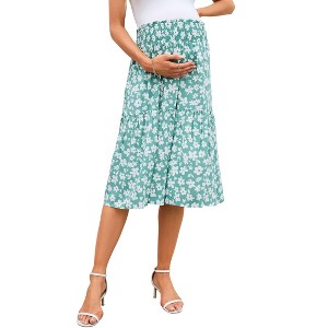 Coolmee Womens High Elastic Waist Maternity Skirt Summer Casual Floral Pleated Swing A Line Flowy Midi Skirts with Pockets - 1 of 4