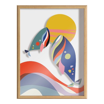 Modern Colorful Whales Framed Glass Art Print