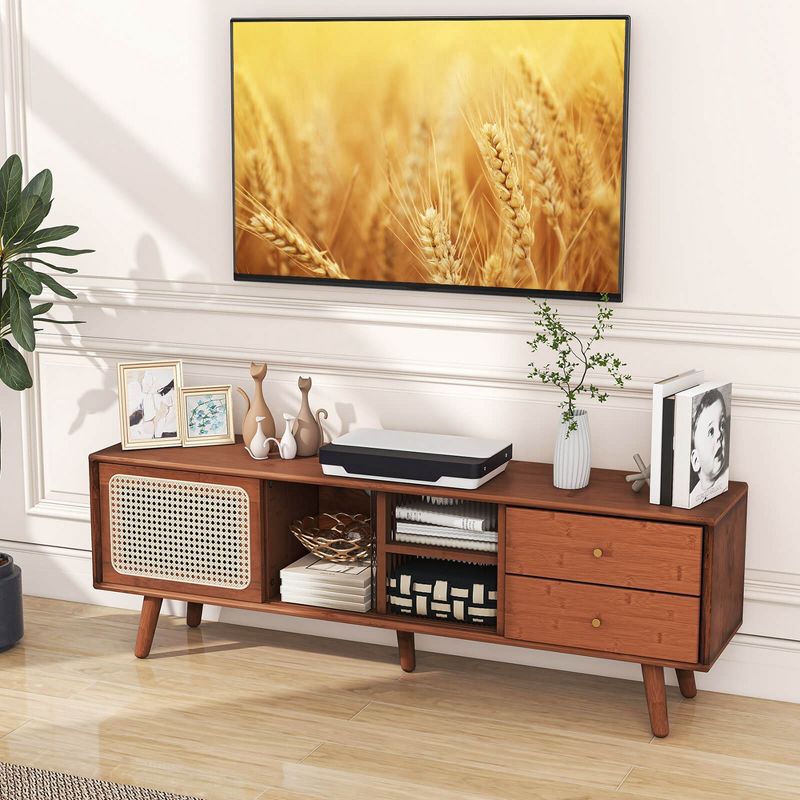 Costway Bamboo TV Stand Console Table with PE Rattan  Door & 2 Drawers for TV up to 65" Brown/Natural, 2 of 11