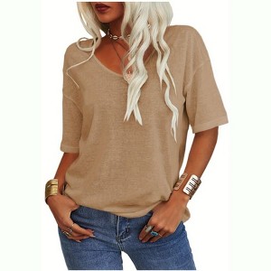 Imily Bela Women's Casual V Neck Half Sleeve Oversized T Shirt Solid Color Basic Top - 1 of 4