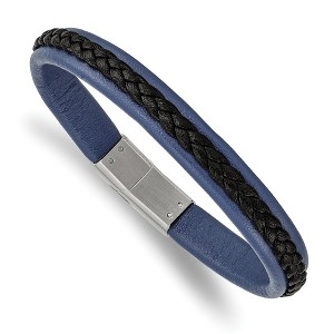 Chisel Stainless Steel Polished Blue and Black Faux Leather 8.25" Bracelet - 1 of 4