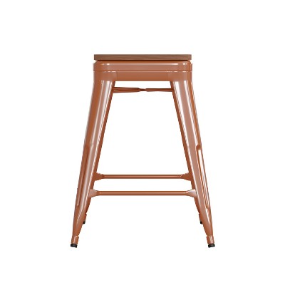 Kai 24" Orange Metal Counter Stool with Teak Poly Resin Seat