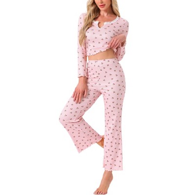 INSPIRE CHIC Women's 2 Pcs Pajama Cherry Print Ruffle Trim V-Neck Long Sleeve Top and Pants Set