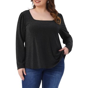 Women's Plus Size Glitter Square Neck Shiny Long Sleeve Party Sparkle Blouses - Agnes Orinda - 1 of 4