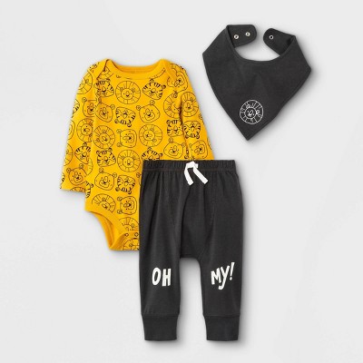 Image of Baby Boys' 3pc 'Oh My! Lion' Top & Bottom Set with Bib - Cat & Jack™ Amber Yellow Newborn