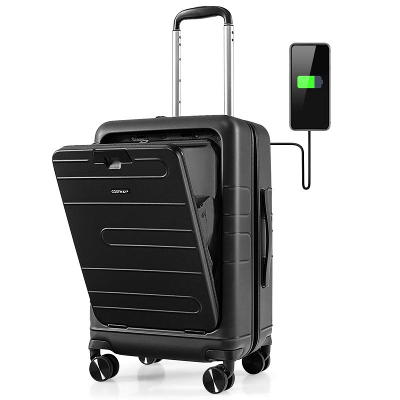 Costway 20'' Carry-on PC Hardside Suitcase TSA Lock w/ Front Pocket & USB Port Black, 1 of 11