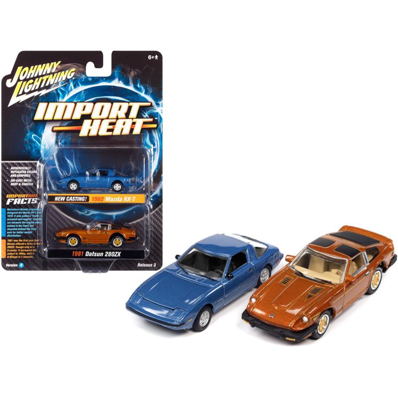 1982 Mazda RX-7 Blue Met. & 1981 Datsun 280ZX Orange Mist "Import Heat" 2 pc Set 1/64 Diecast Model Cars by Johnny Lightning, 1 of 7