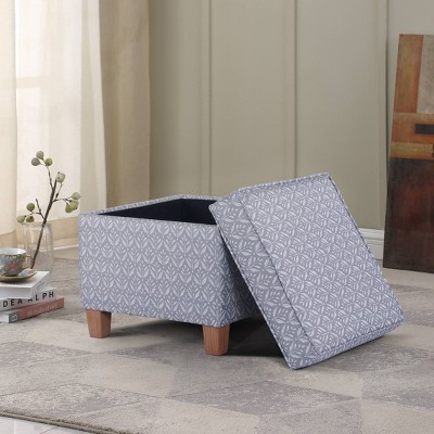 Light Gray Tufted Fabric Square Storage Ottoman with Wood Legs