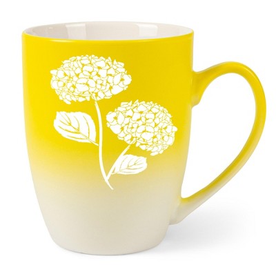 Elanze Designs Botanical Floral Nature Coffee Cup Mug 12 Ounce Ceramic With Ombre Gradient Elegant Minimalist Hydrangea Flower Silhouette Yellow and