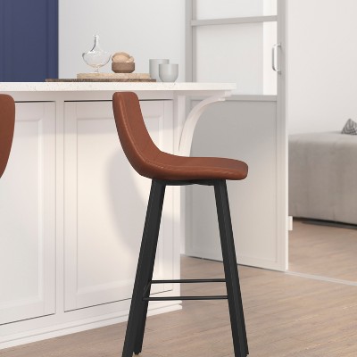 Caleb 30" Cognac Brown Leather & Matte Black Metal Bar Stool Set