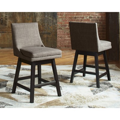 Transitional Beige Wood Swivel Barstool with Light Gray Upholstery