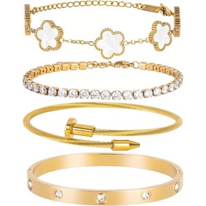 18K Gold Plated Bracelet Set for Women - 4 Piece Nail Love & Clover Adjustable Tennis Bracelets, Stackable Gift Jewelry - 1 of 4