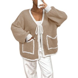 Women's Plus Size Cardigan Sweater Long Sleeve Knit Open Front Cover Up Casual Tops with Side Pockets - 1 of 4