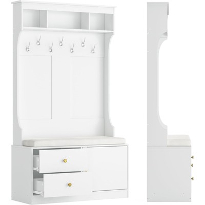 Lirago,6-in-1 Hall Tree with Bench, Shoe Storage & Hooks-Modern Mudroom Entryway Storage Bench,White