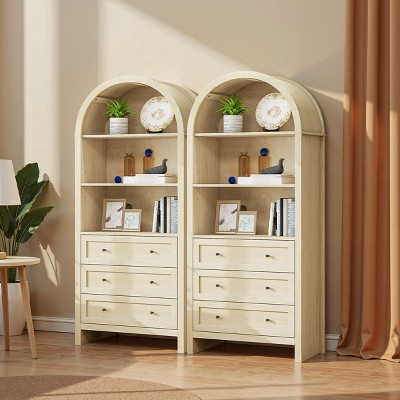 Set of 2 Arched Console Bookshelf with 3 Drawers,60" Modern Wood Display Open Storage Cabinet for Living Room or Hallway-Baofuwish