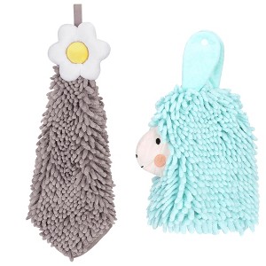 REGALWOVEN Soft Absorbent Flower Pattern and Sheep Pattern Chenille Hand Towel with Loop 6" x 15"/7" x 11" 2 Pcs - 1 of 4