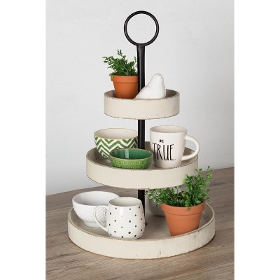 Rustic Farmhouse Antique-White 3-Tiered Round Wood & Metal Tray