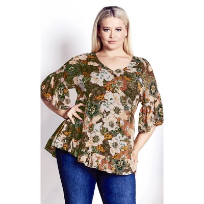 Arna York | Women's Plus Size Harlow Frill Tunic - Brown Floral - 20w ...