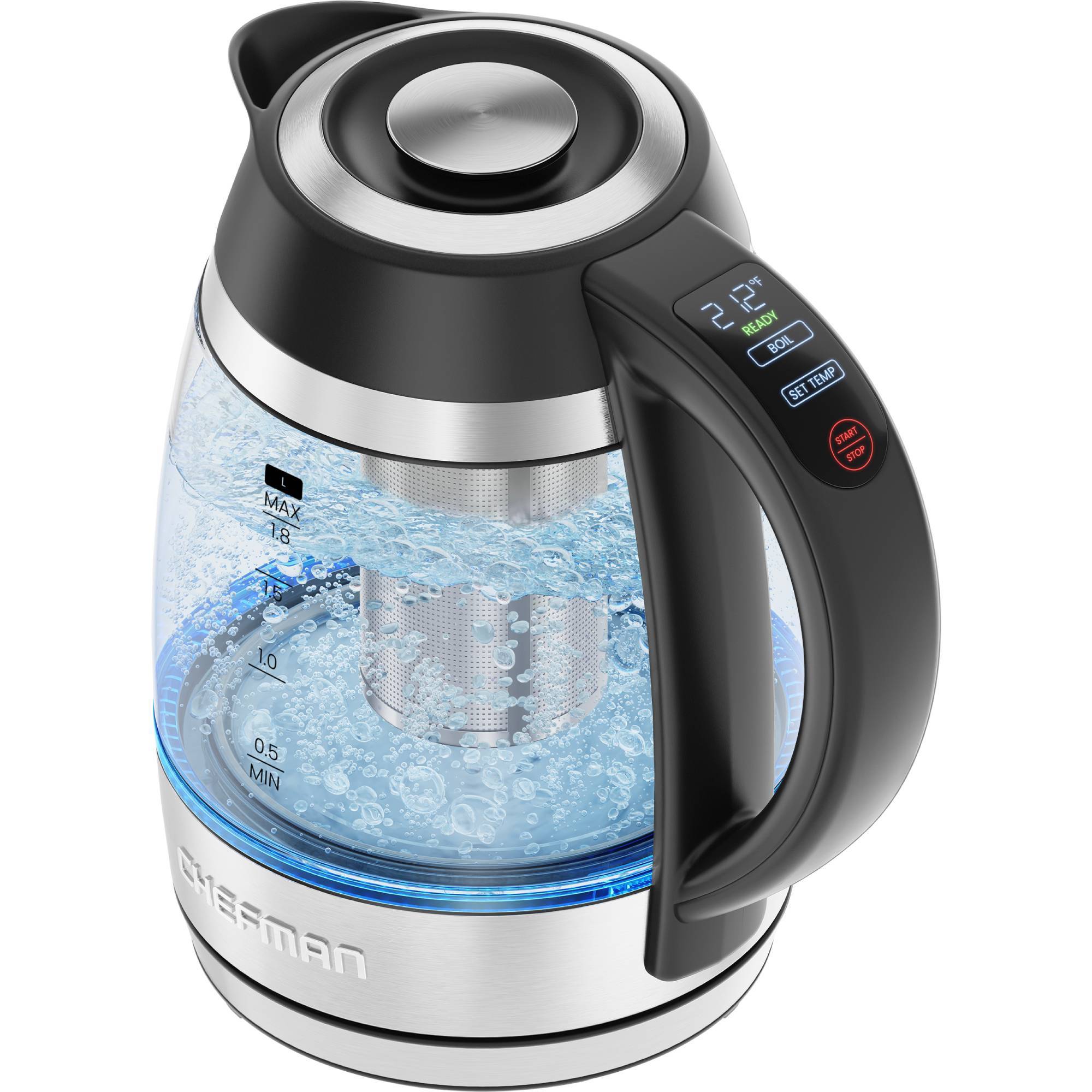 Chefman 1.8L Glass Electric Kettle, Silver & Black Accents