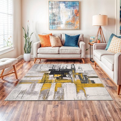 Gold and Gray Abstract Square Area Rug 6'6" x 6'6"
