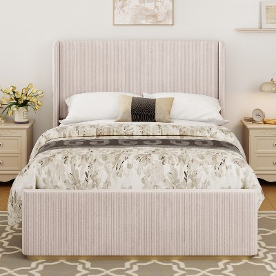 Queen/King Size Corduroy Upholstered Bed Frame with Vertical Stripe Wingback Headboard and High Footboard - ModernLuxe