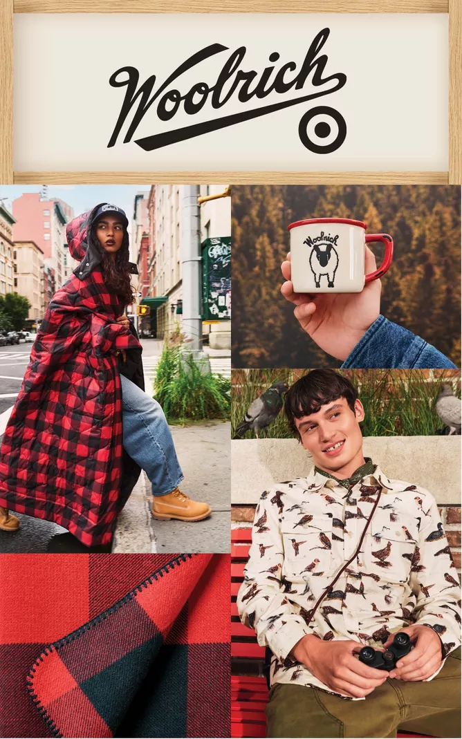 Woolrich x Target logo with various clothing and home items from the collection including a black & red buffalo check hooded wearable throw with baseball cap; all over print button-down bird shirt with olive workwear pants and binoculars; variety of check throw blankets and Woolrich logo graphic mugs.