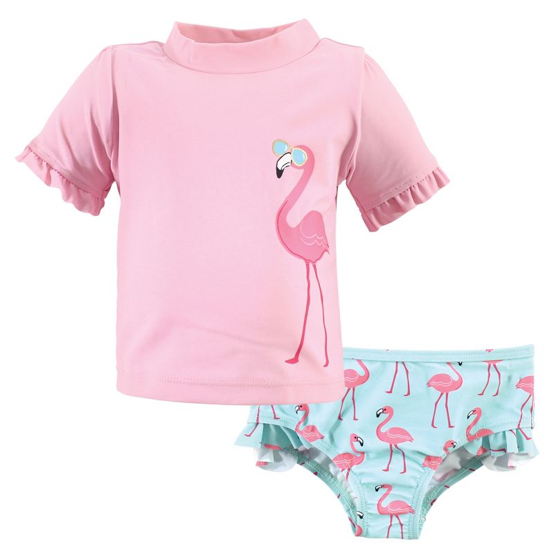 Hudson Baby Infant and Toddler Girl Swim Rashguard Set, Flamingo, 1 of 6