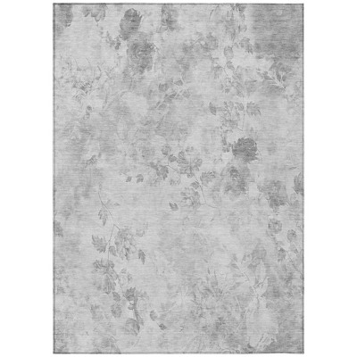 Gray Charcoal And Silver Floral Washable Indoor Outdoor Area Rug