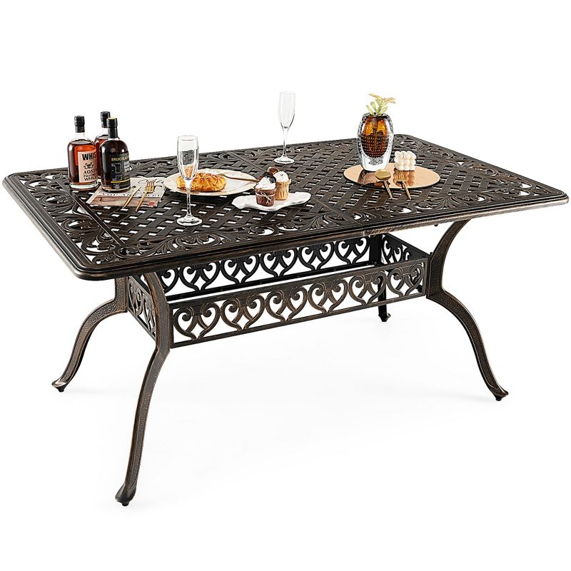 Costway 59'' Outdoor Dining Table All-Weather Cast Aluminum Umbrella Hole 6 Person Bronze, 1 of 11