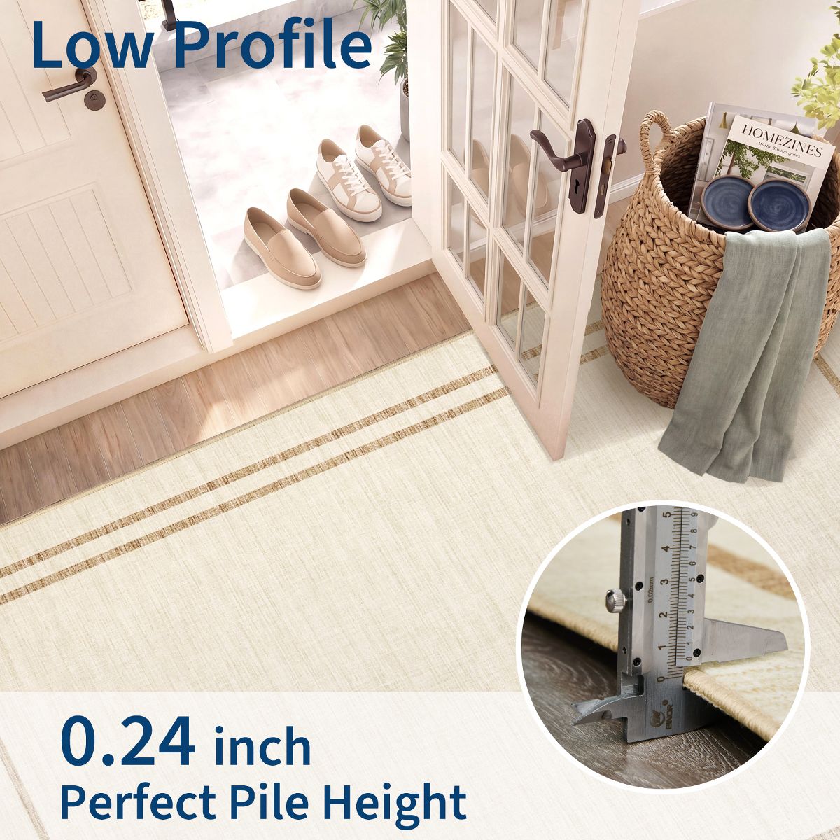Bordered Washable Area Rug with Non-Slip TPR Backing, Soft Neutral Carpet - thumbnail 7