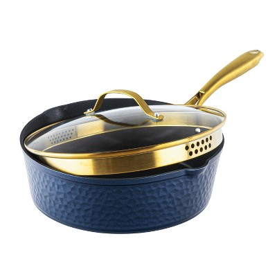 Navy and Gold Nonstick Aluminum Sauté Pan with Lid