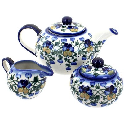 Blue Rose Polish Pottery 1700 WR Unikat 3 Piece Tea Set