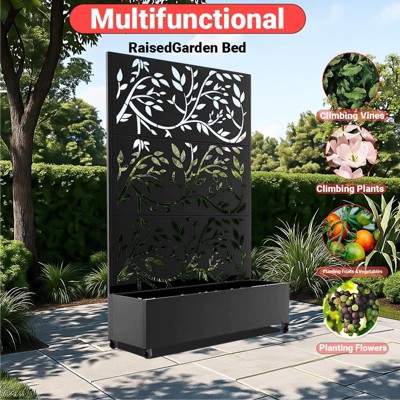Metal Privacy Screen With Wheels, Galvanized Steel Garden Trellis & Planter Box for Climbing Plants/Vines– Galvanized Raised Garden Bed