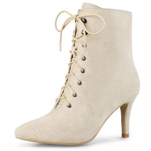 Allegra K Women's Pointy Toe Zip Lace Up Stiletto Heel Ankle Boots - 1 of 4