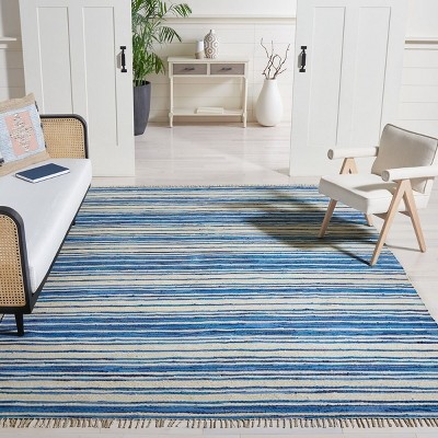 Ivory & Blue Hand-Woven Cotton Stripe Area Rug - 54"x16"