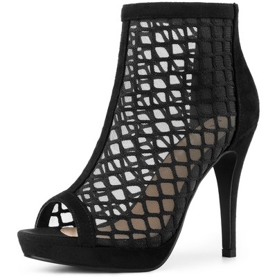 Perphy Women Platform Peep Toe Mesh Back Zip Stiletto Heel Sandal Black ...