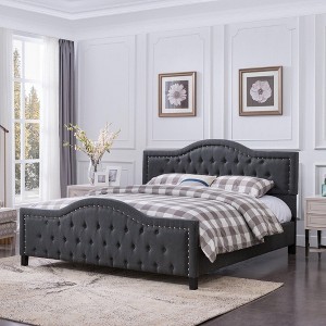 Upholstered Queen Size Bed Frame with Arched Headboard and Footboard, Button Tufted Platform Bed -Christopher Knight Home - 1 of 4