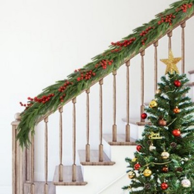 LOVMOR Lighted Christmas Pine Garland,Pine Garland Realistic,Decorated w/Pine Cones, Red Berries and Frosted White Accents