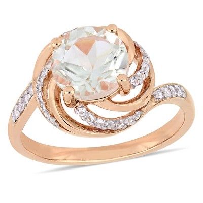 EVERLY JEWELRY | Rose Plated Sterling Silver 1 7/8ct TGW Green Quartz White Topaz and Diamond Accent Interlaced Swirl Halo Ring