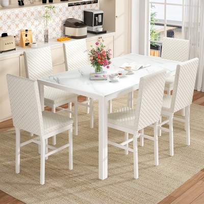 Hooseng Modern Luxurious Style 5/7 Piece Dining Room Table Set, Tempered Glass Top Dining Table Set for 4/6, Metal Frame And Upholstered Dining Chairs
